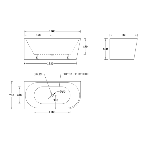 Milan Left Btm1700l Technical Drawing Square