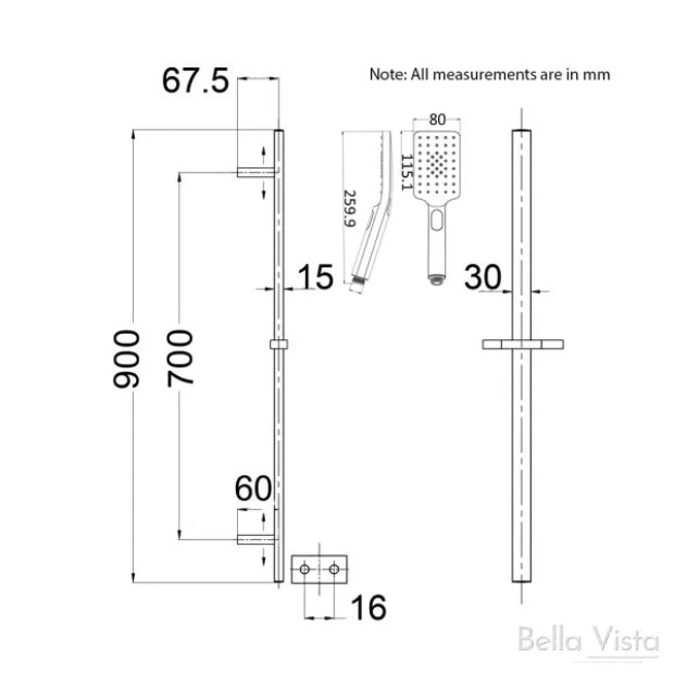 BELLA VISTA - Cresta Shower Rail - Square - 900 mm Length Rail