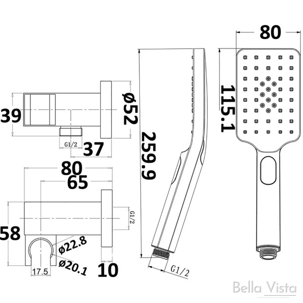 BELLA VISTA - Handheld - Square Shower Head with Wall Bracket