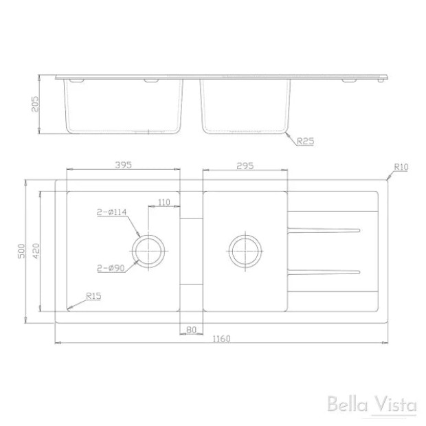 BELLA VISTA - One and 3/4 Bowl Kitchen Sink with Drainer 1160x500