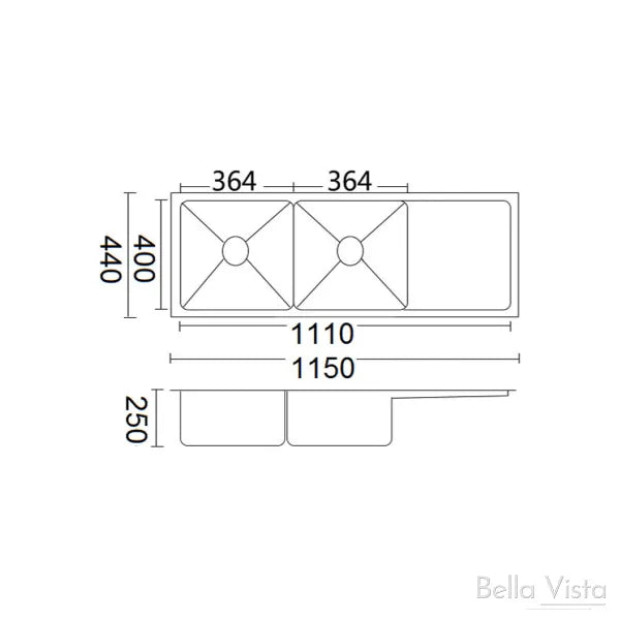 BELLA VISTA - PRADUS Luminare Double Bowl With Drainer Kitchen Sink - 1150x440x250