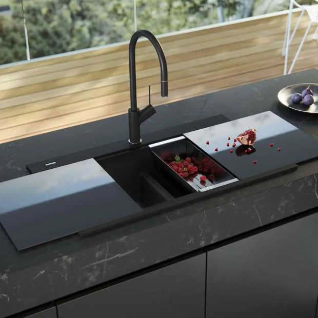 OLIVERI - SANTORINI Black Double Bowl Topmount Sink With Glass Top